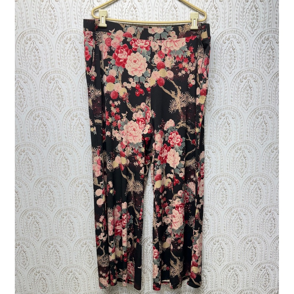 G.I.L.I. Wide Leg Pants Womens 1XP Black Floral High Rise Stretch Pull On